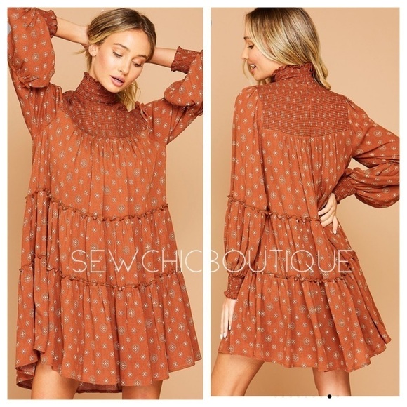Rust Mock Neck Dress w/ Smocking Detail - Picture 2 of 5